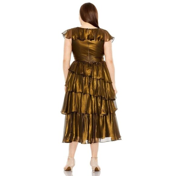 NWT Mac Duggal Ruffled Tea-Length Evening Dress Black Gold 14W - Picture 4 of 8